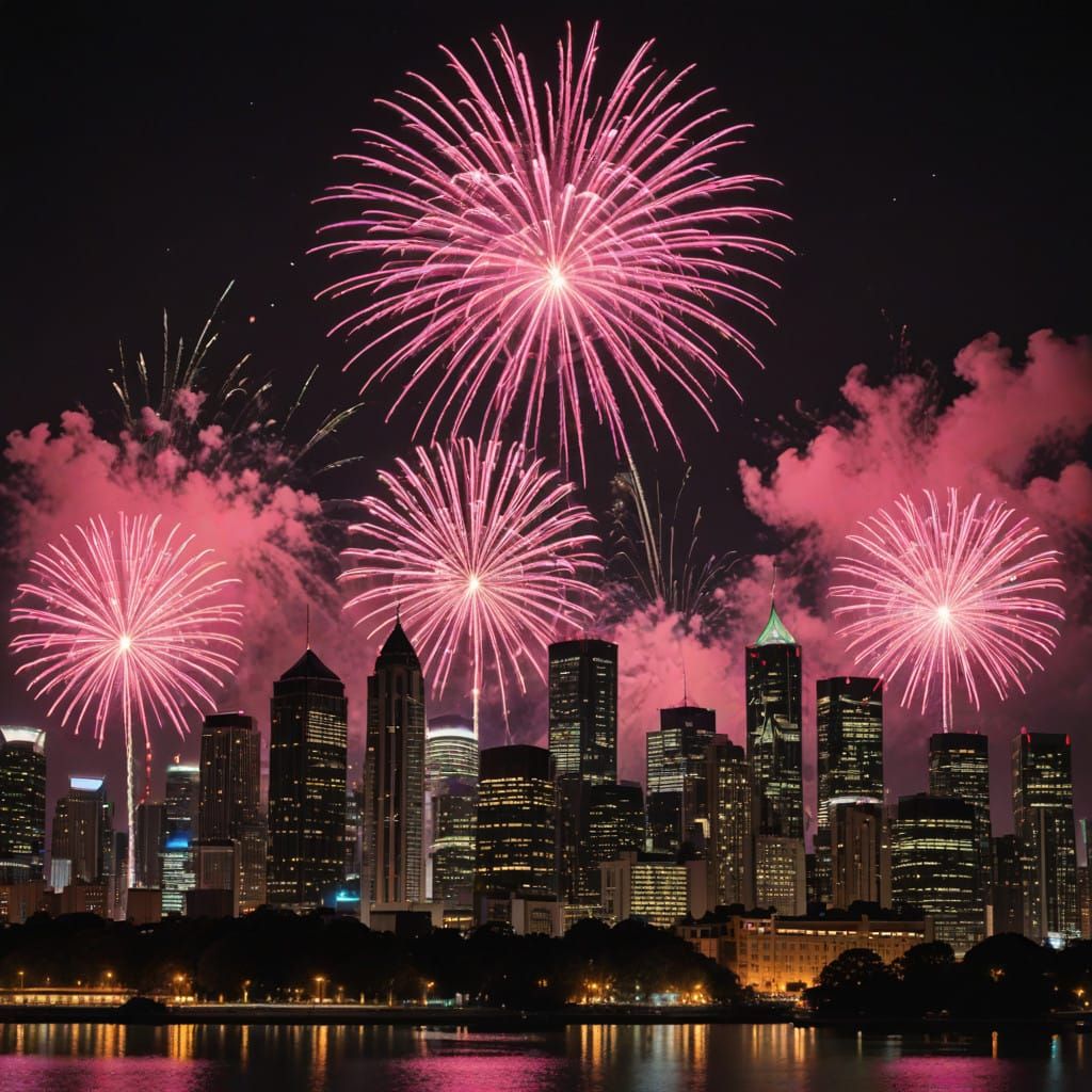 Pink Fireworks Illuminate City Skyline at Night