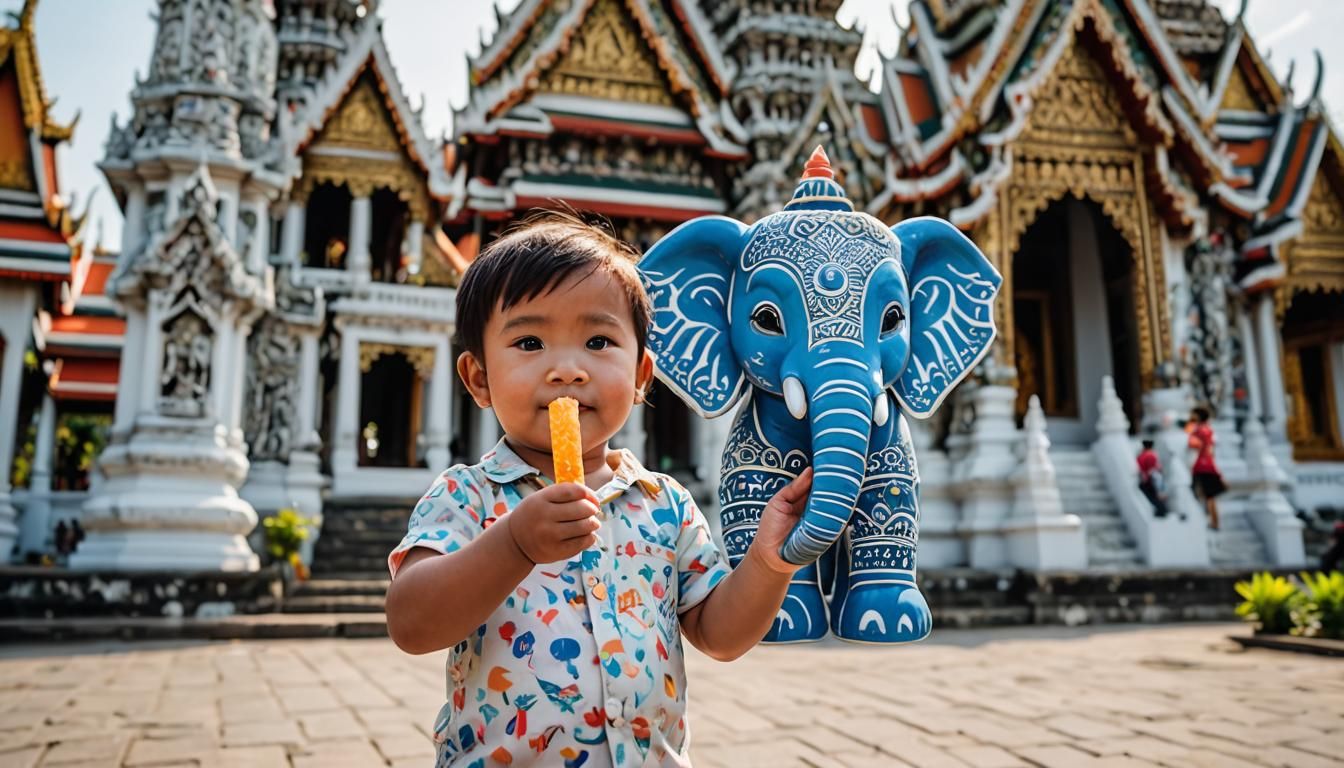 Child with Thai Elephant Popsicle, Tropical Photography