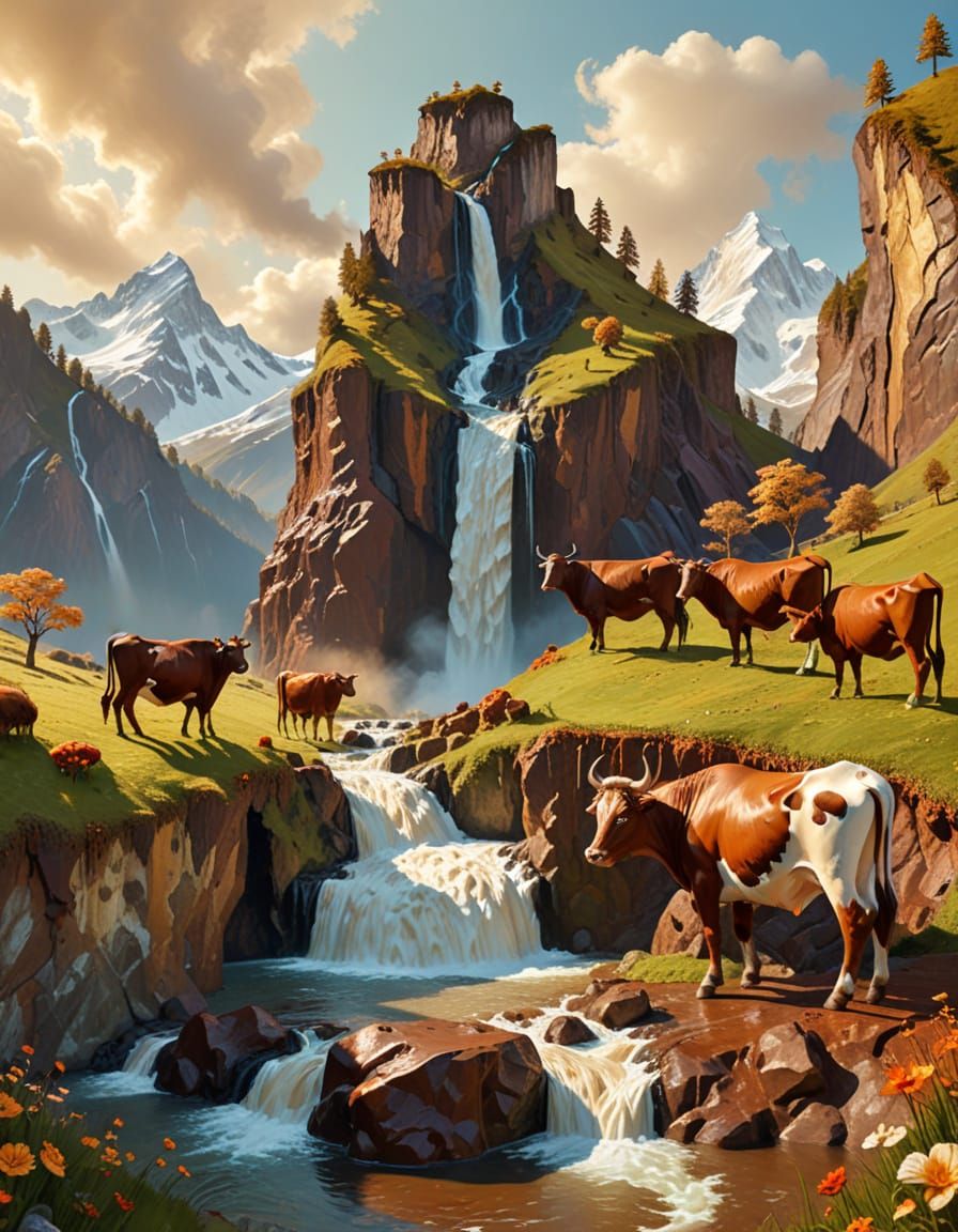 Surreal Coffee and Chocolate Sculpture in Alpine Dreamscape