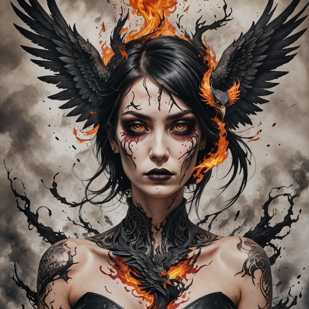 Gothic Woman Riding Phoenix of Transformation