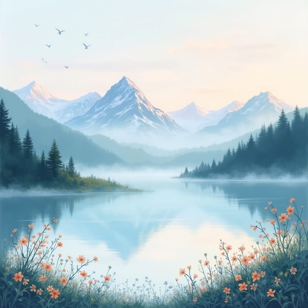 Fantasy Landscape: Watercolor Lake Reflects Pastel Sky