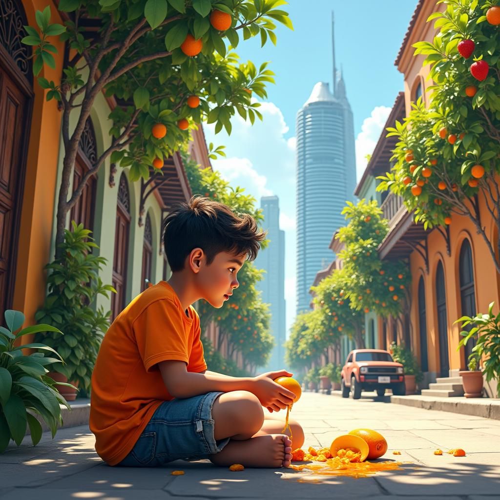 Boy Eats Mango Amidst Urban Fruit Trees