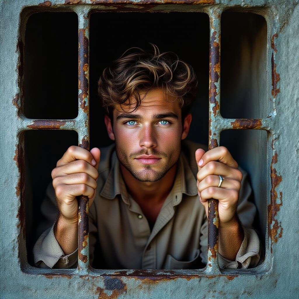 Blue-Eyed Man in Cell, Dark Surreal Style