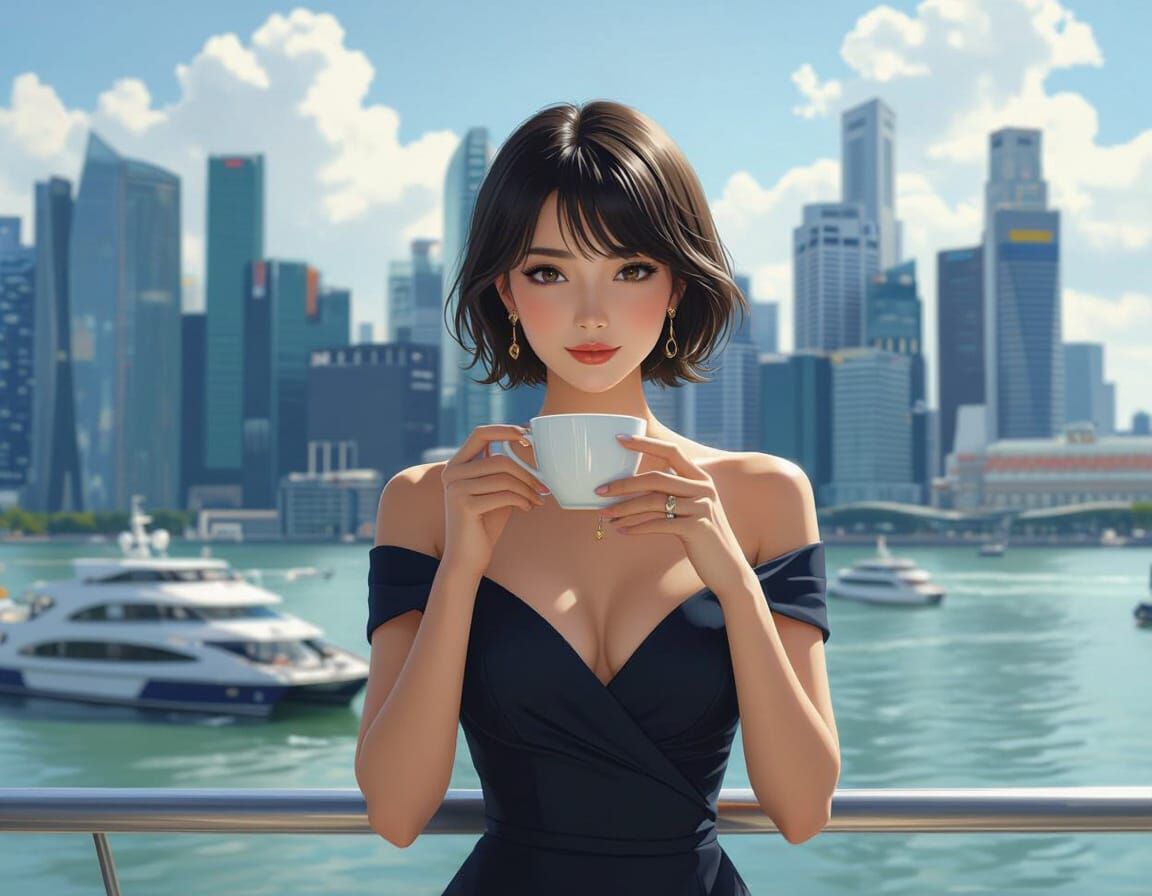Elegant Lady Sipping Coffee at Marina Bay Sands