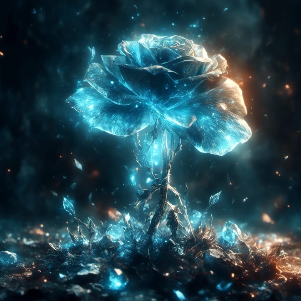 Glowing Crystal Blue Rose in Dark Fantasy Style