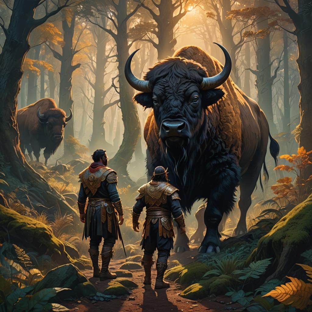 Human-Bison Hybrid in Mystical Forest Oil Painting