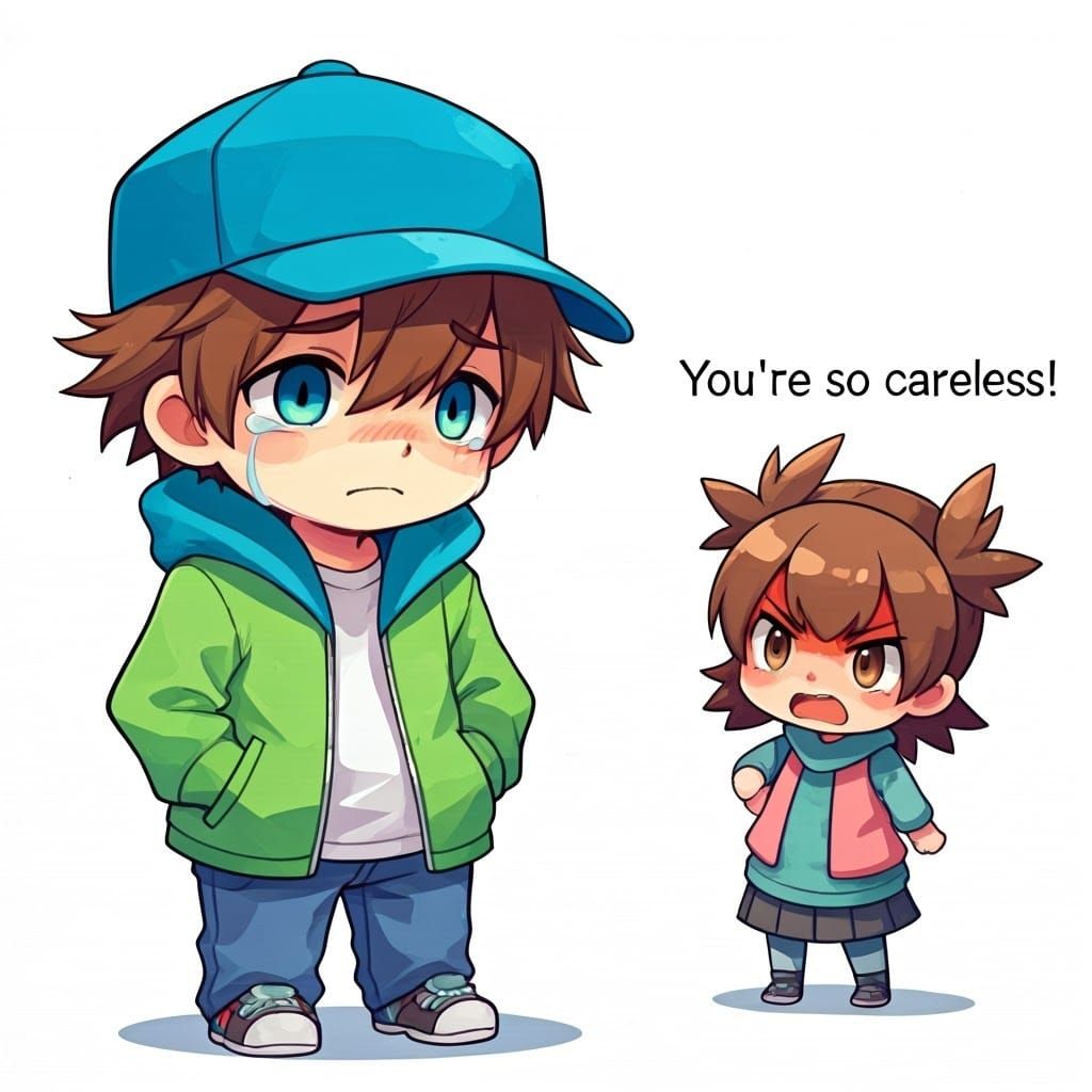 Chibi Pokemon Trainer Scolding in Watercolor Style