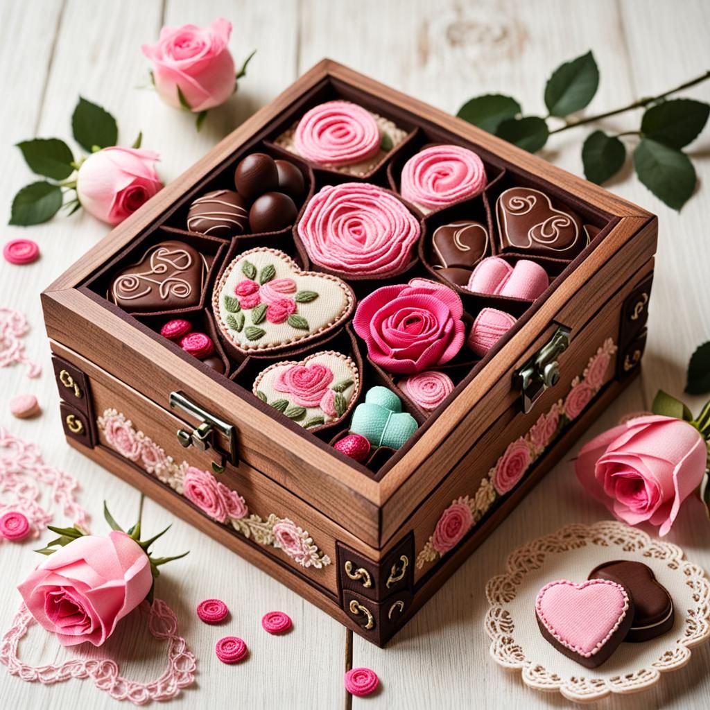 Embroidered Box of Chocolates and Roses