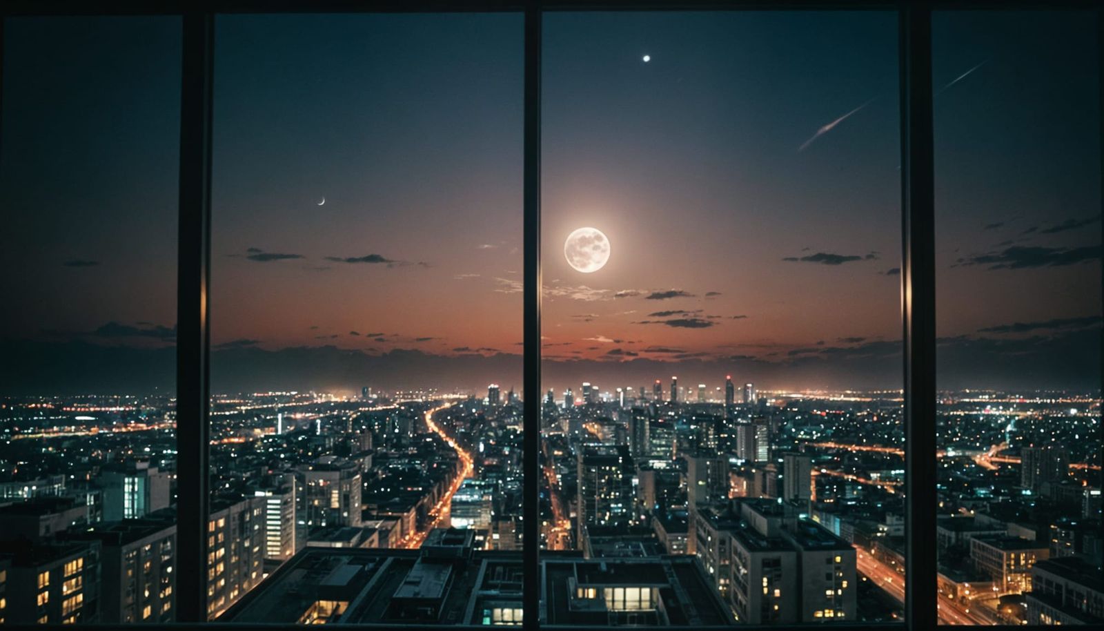 Futuristic Penthouse View of a Dramatic Full Moon