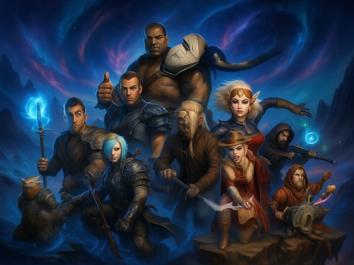 Cosplayers Gather in Surreal Cosmic Landscape