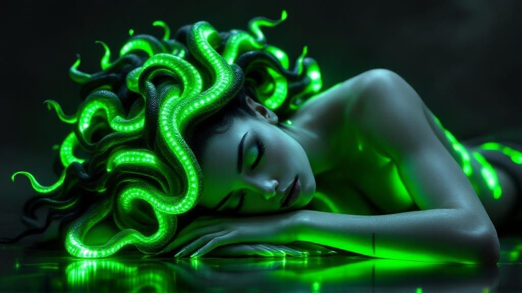 Serene Medusa with Glowing Hairstyle in Neon Green and Green