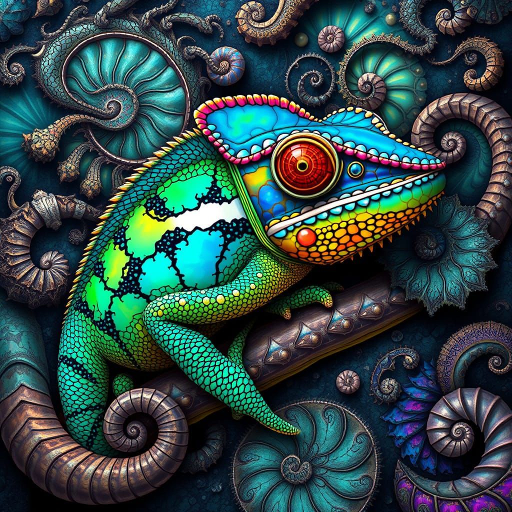 Fractals in Nature: Opaline Chameleon Amidst Whirling Patter...