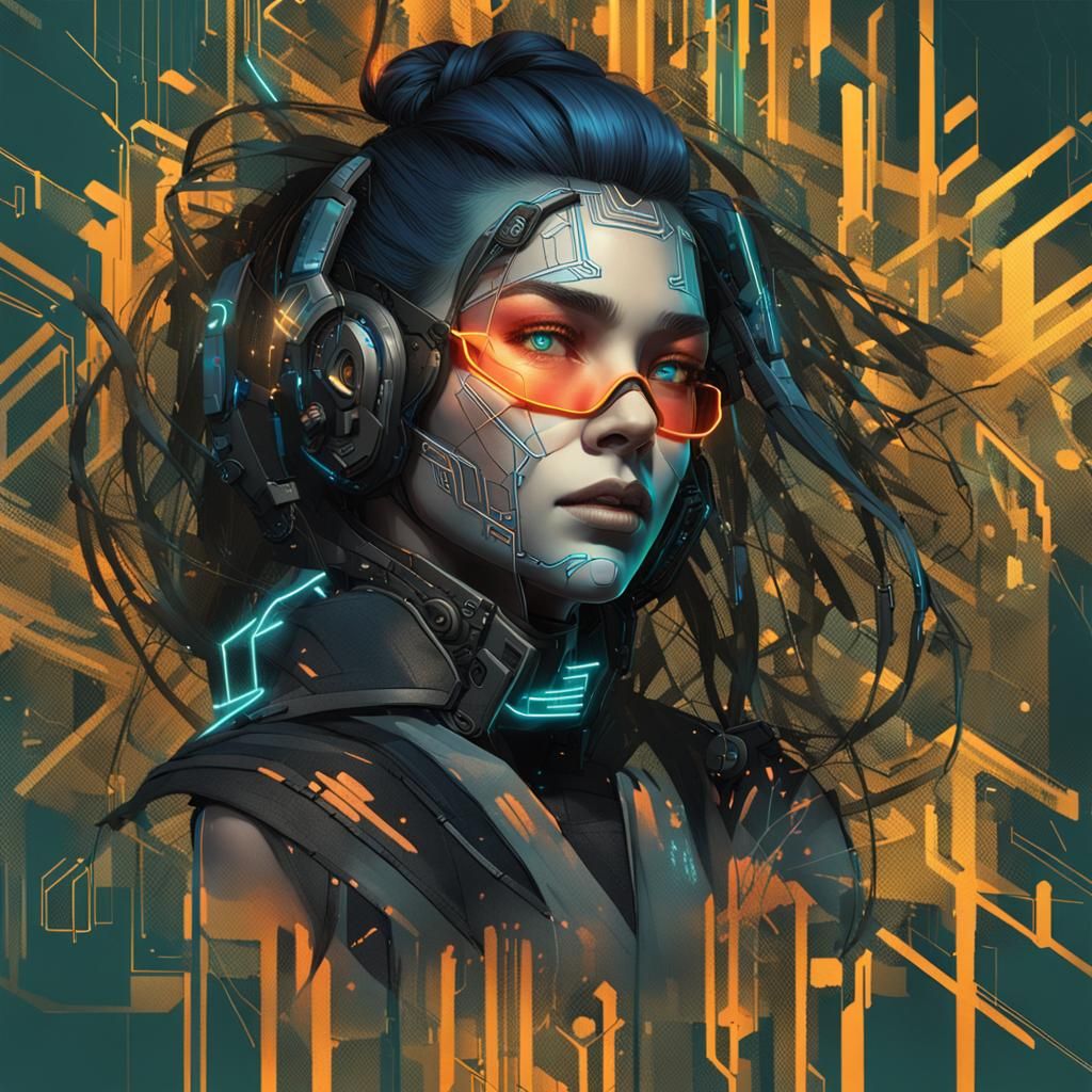 Cyberpunk digital illustration of a female character