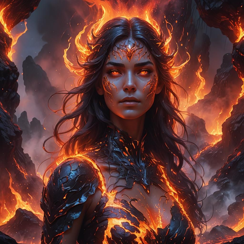 Lavagirl  glow with bright, molten light, their bodies radia...