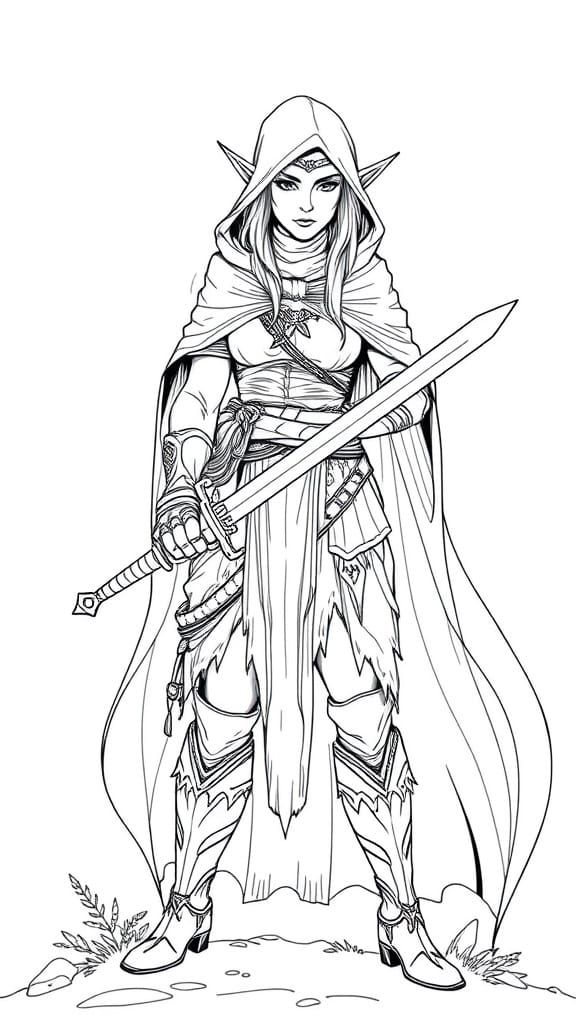 Coloring Book Style Elf Warrior Woman