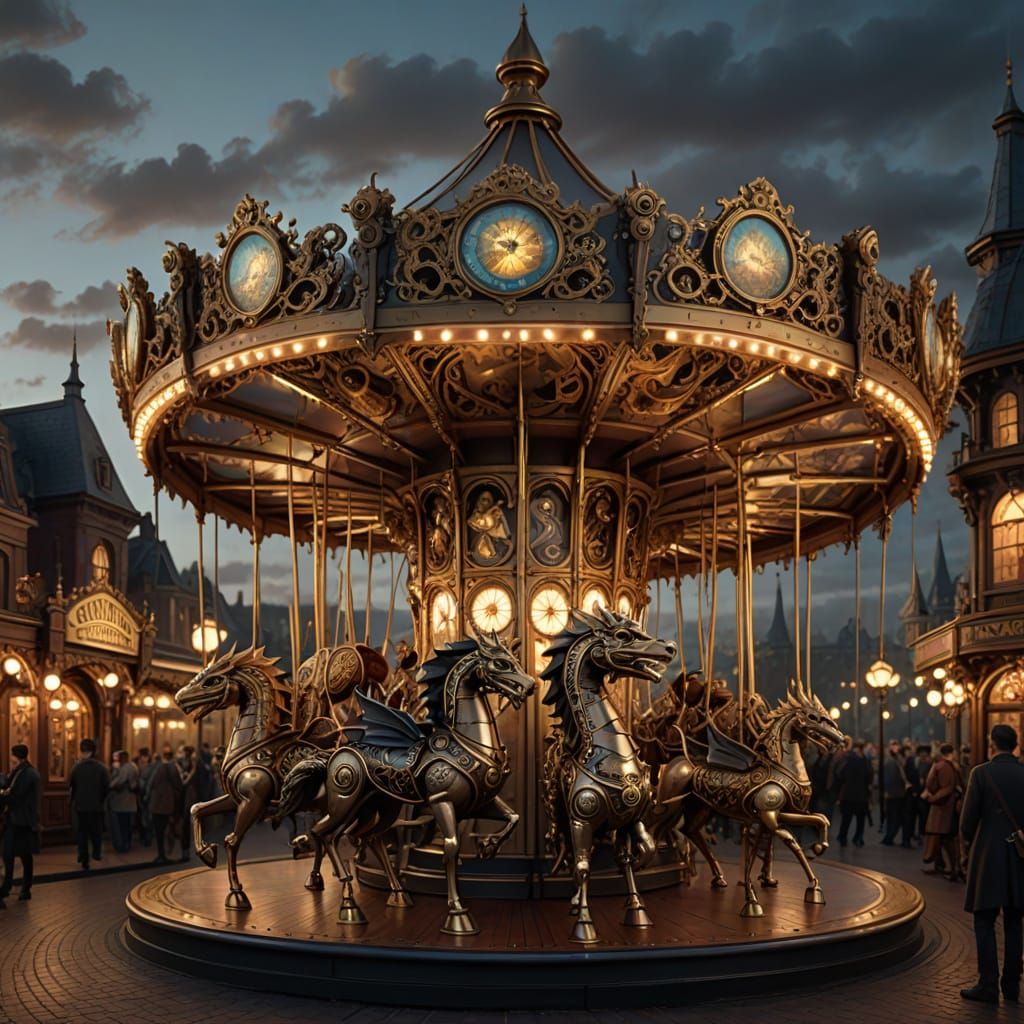 Steampunk Carousel with Clockwork Dragons and Griffins