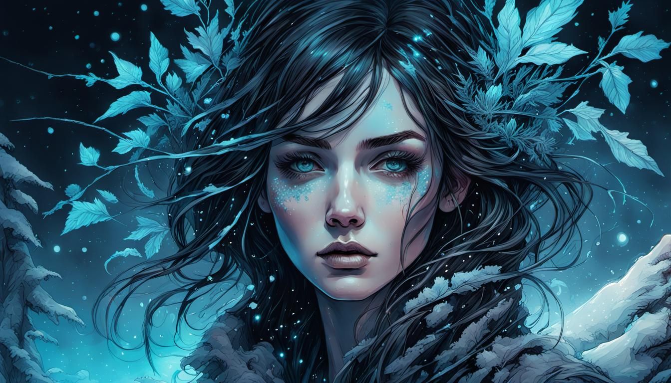 Bioluminescent Girl in Snowy Winter Night