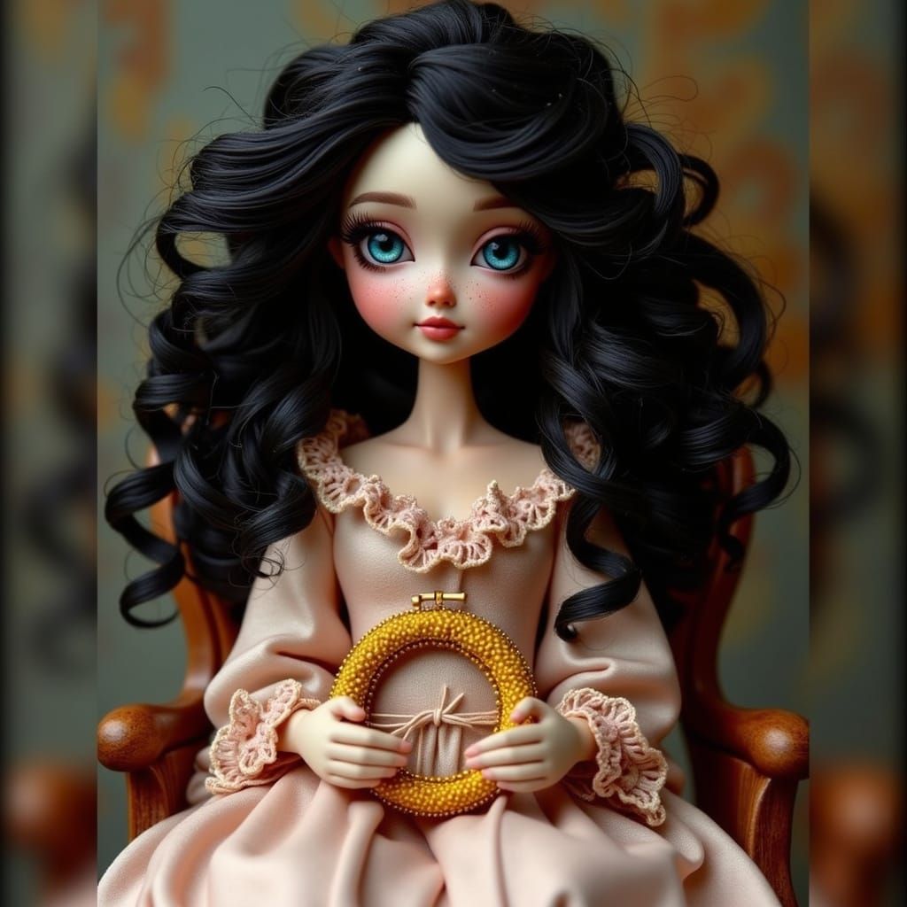 Goddess in Renaissance Silk Gown with Intricate Lace and Nee...