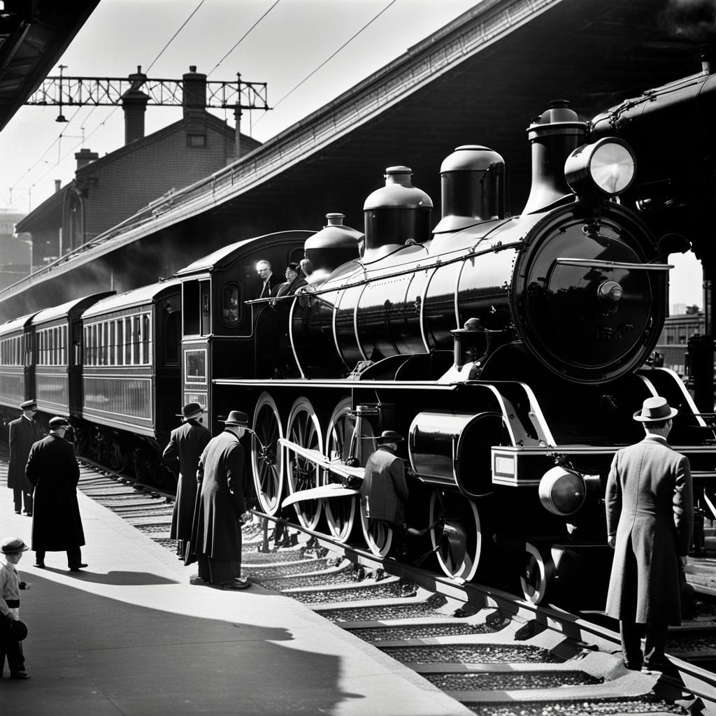 Vintage 1920s Train Station Scene in Black and White