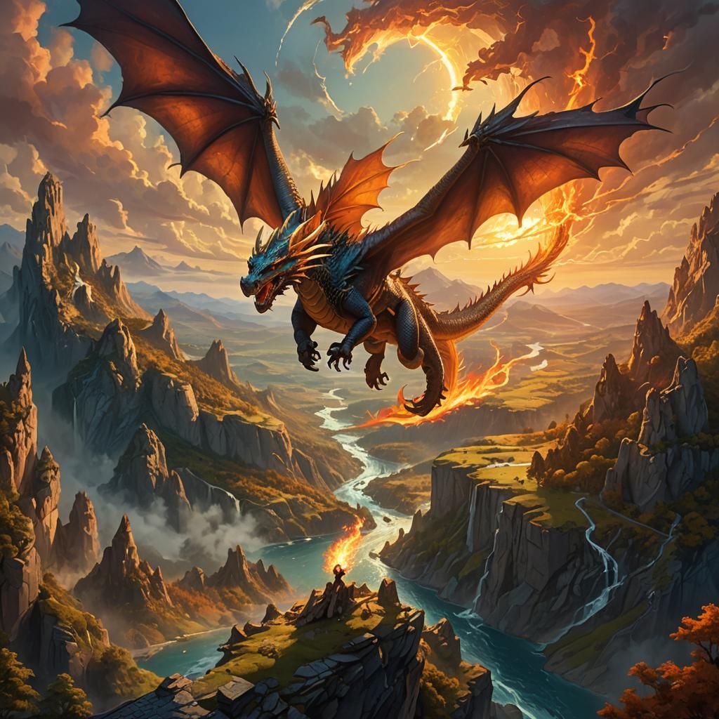 Dragon Soaring Over Mystical Realm, Oil Painting