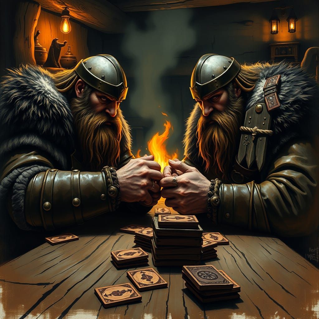 Two Viking Warriors Engage in Intense Card Game by the Taver...