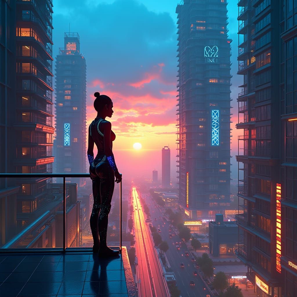 Futuristic Cityscape Sunset in Cyberpunk Style