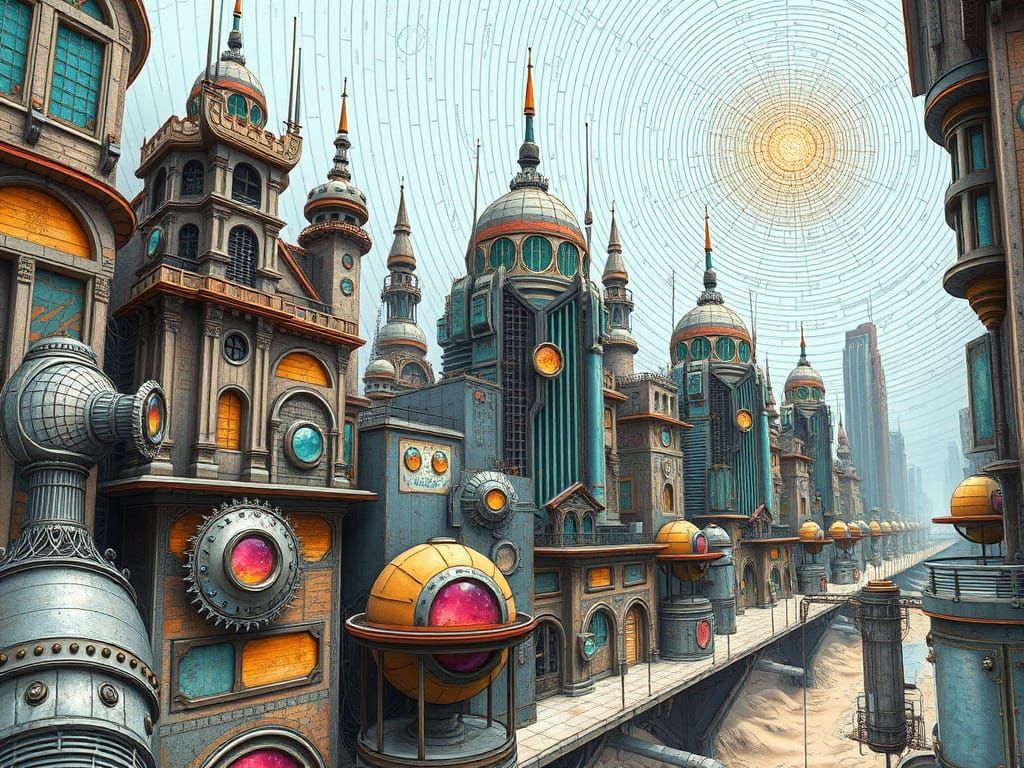 Fractal Retrofuturism Teslapunk Cityscape in Metallic Hues