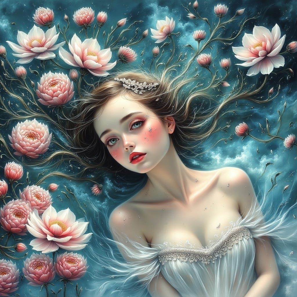 Ethereal Maiden Floating Amidst Floral Waters