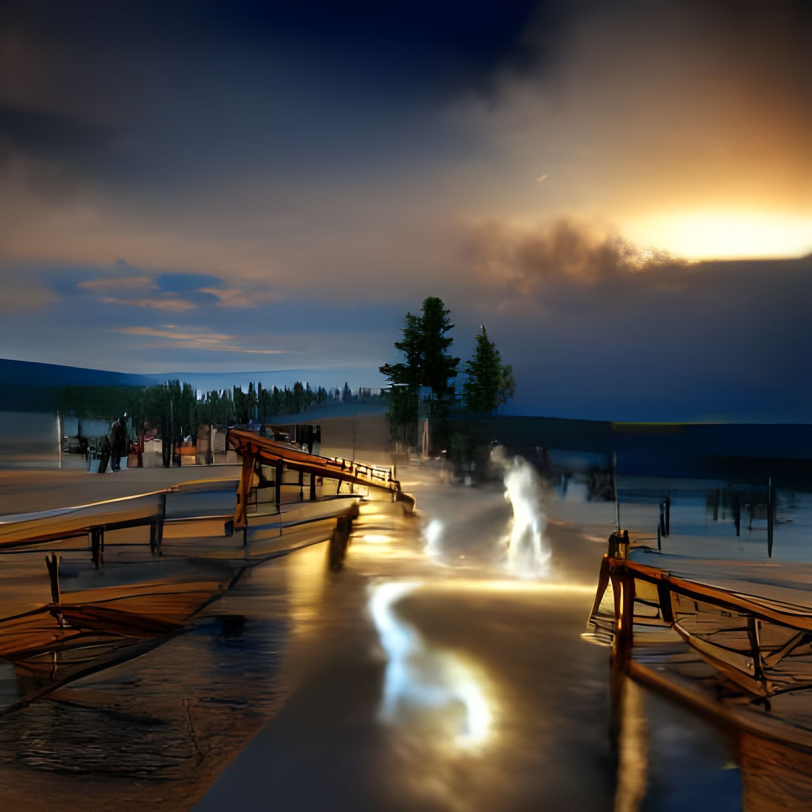 Night Boardwalk Across Geyser Basin Concept Art