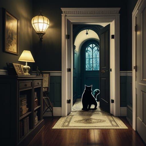 Boy Follows Cat into Magical Secret Room Storybook Art