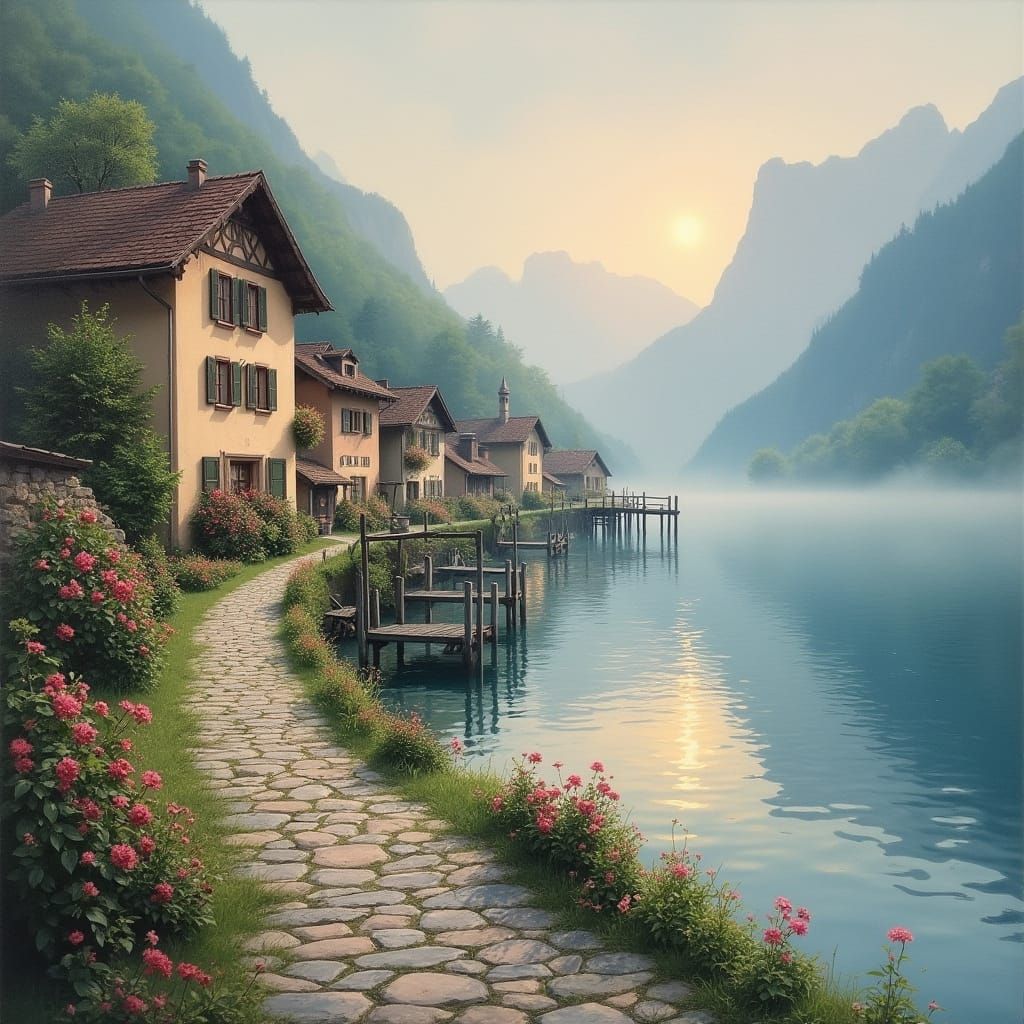 Charming Lakeside Village in Morning Mist - Impressionist Oi...