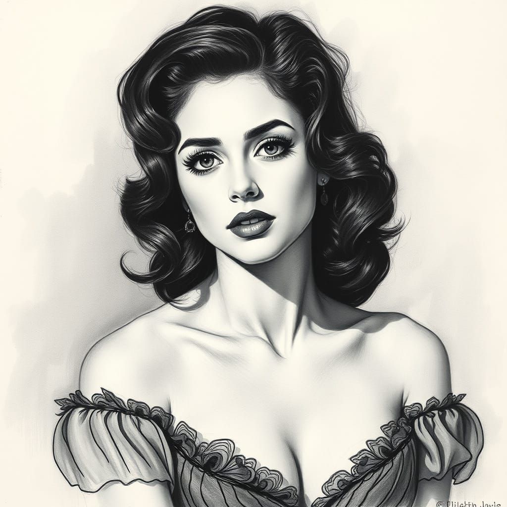 Young Elizabeth Taylor in Charcoal Drawing