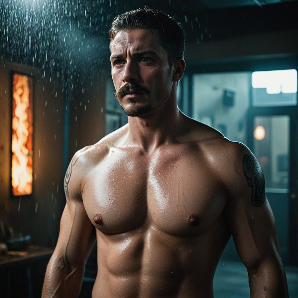 Muscular Man with Smug Expression, Hyper-Realistic Film Stil...