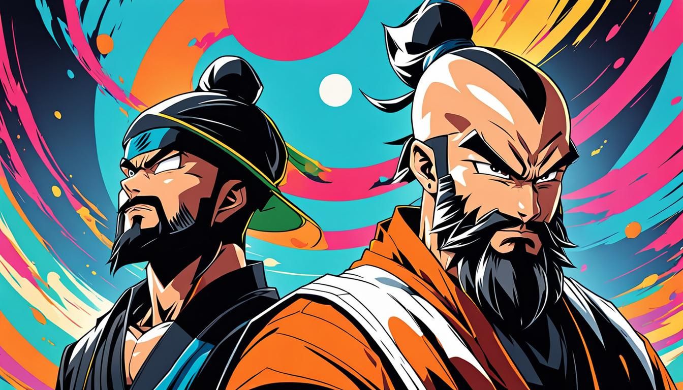 Vibrant Anime Cartoon Heroes Clash in Harmonious Yin Yang Ci...