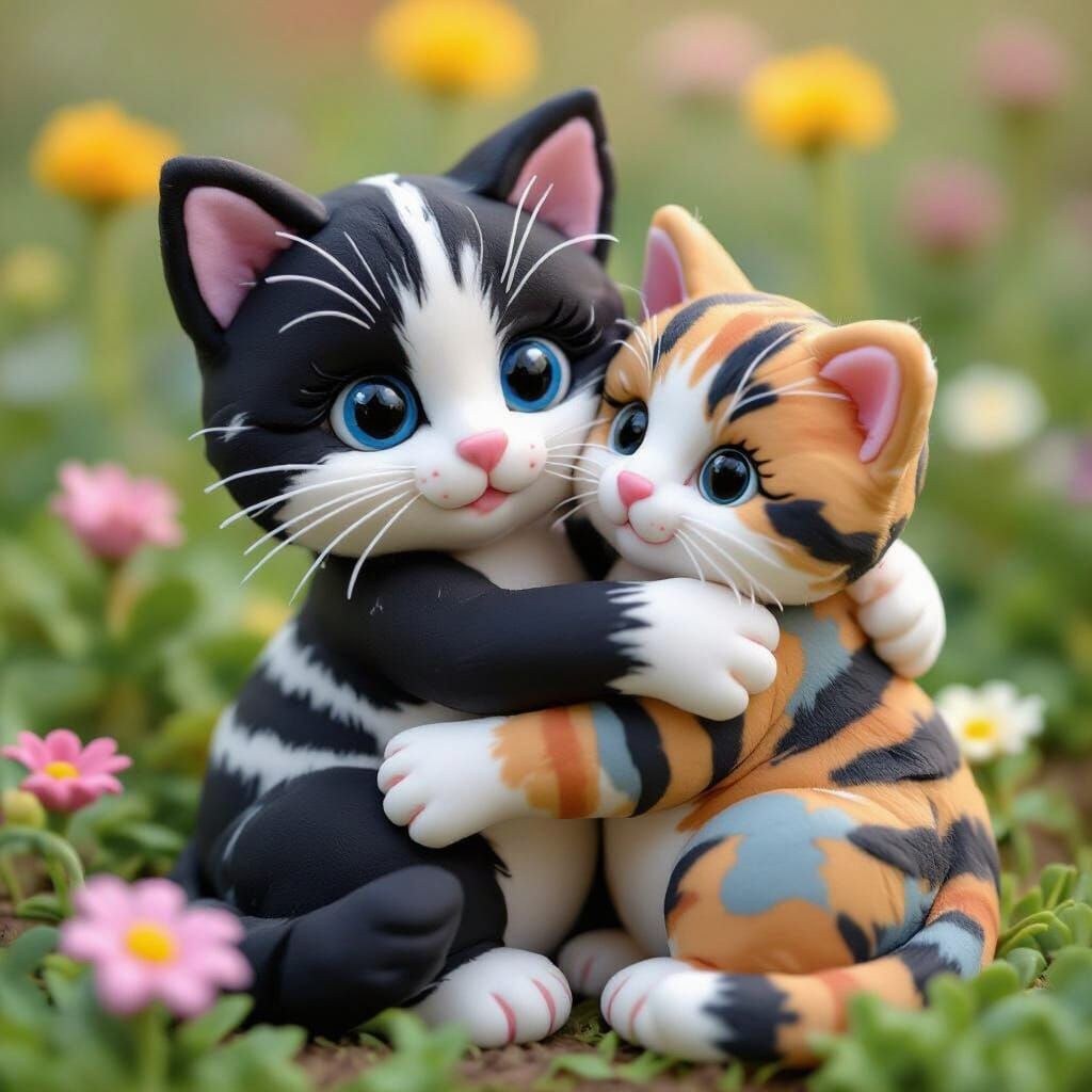 Playdough Kittens Hugging in Abstract Garden Art