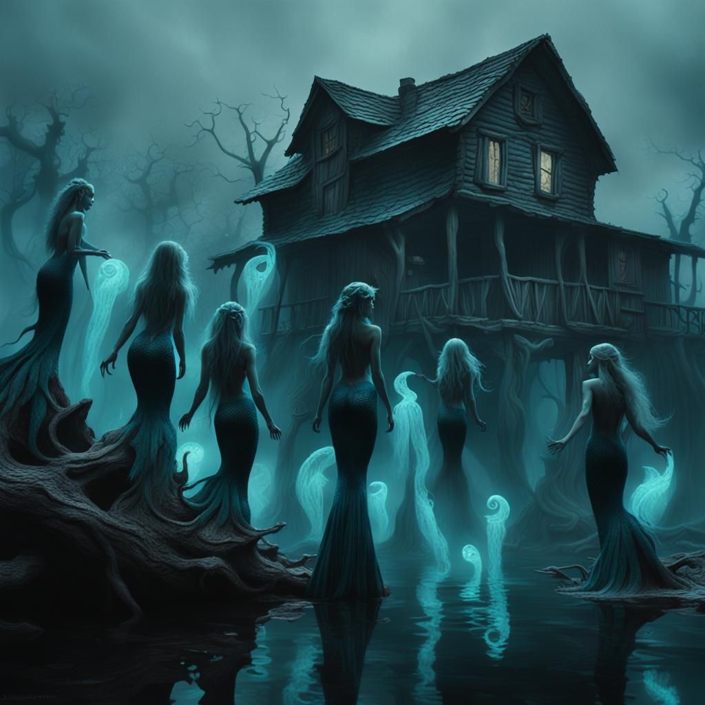 Sinister Mermaids Gather in a Surreal Village