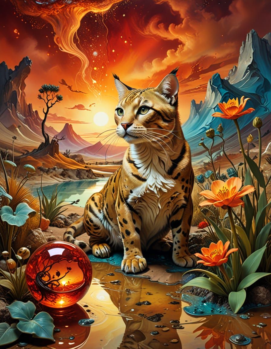 Surreal Cat and Duckling in Jurassic Landscape