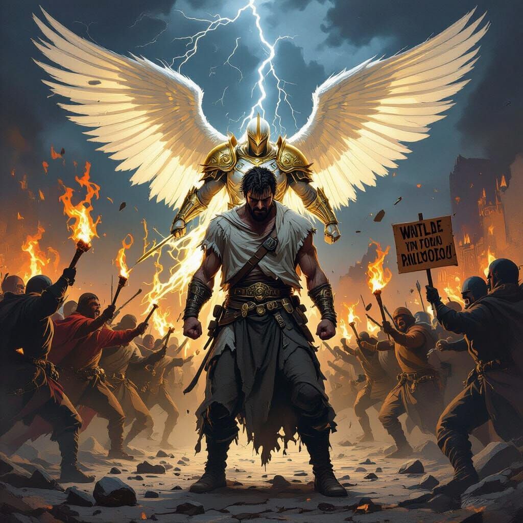 Angel Shields Man From Mob in Apocalyptic Scene