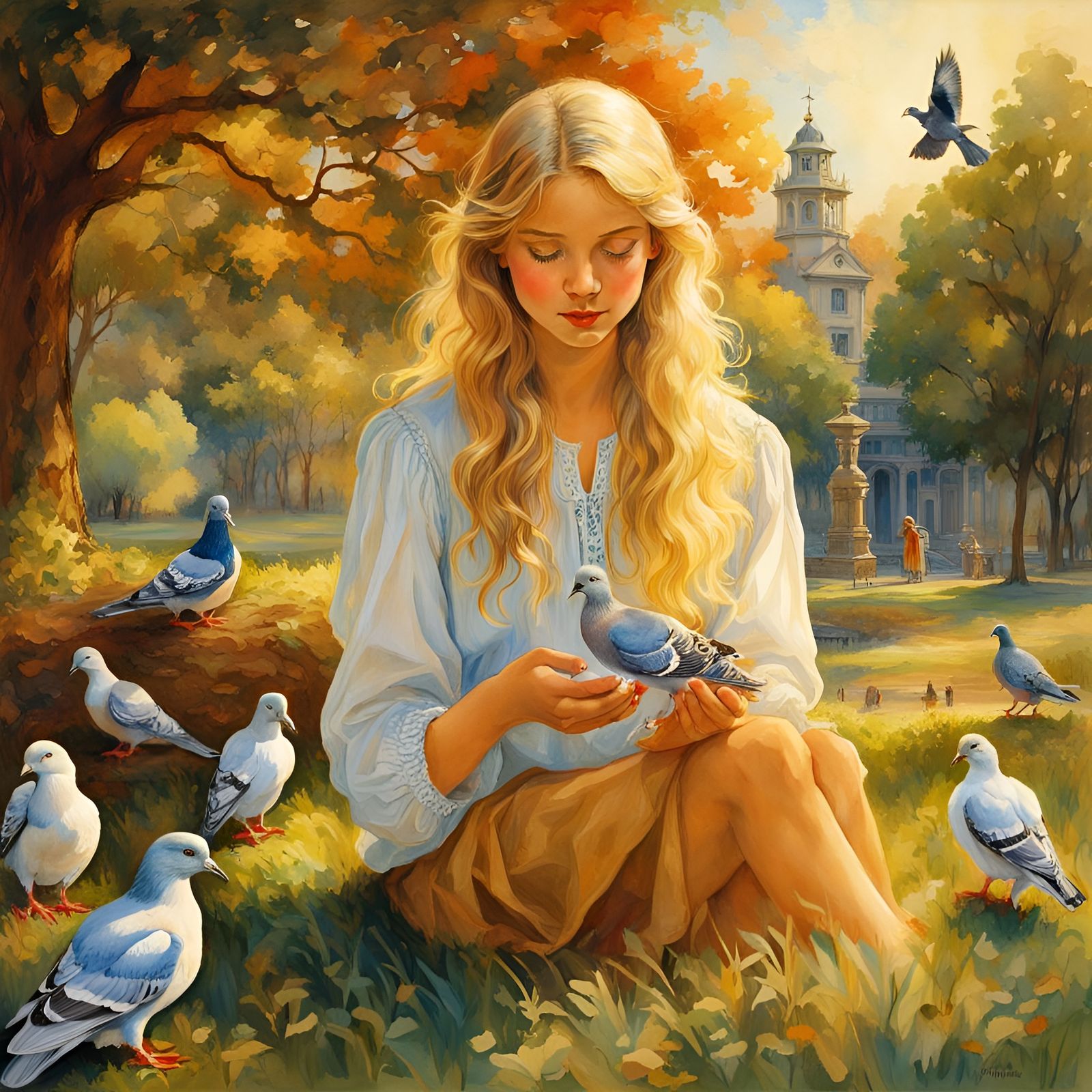 Woman Feeding Pigeons: Watercolor Painting
