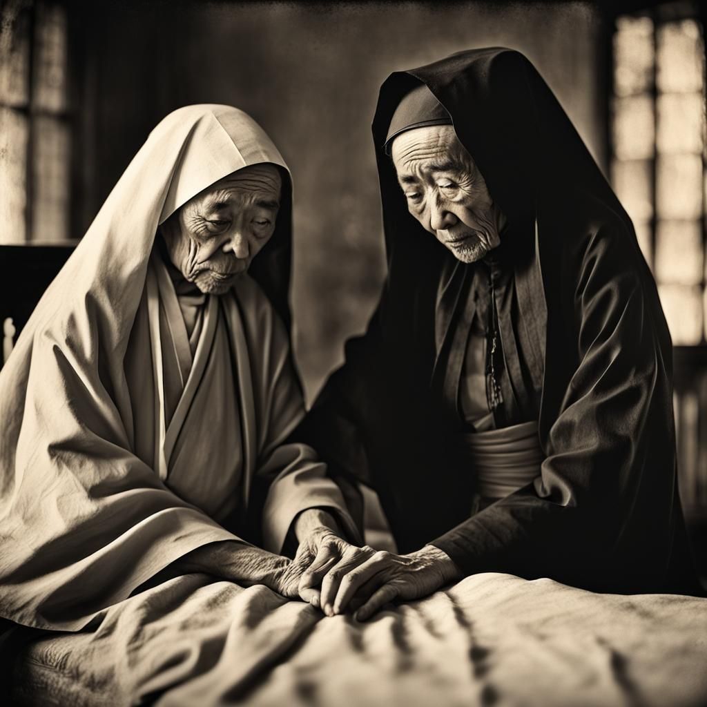 Chinese Grim Reaper Comforts Nun, Vintage Photograph