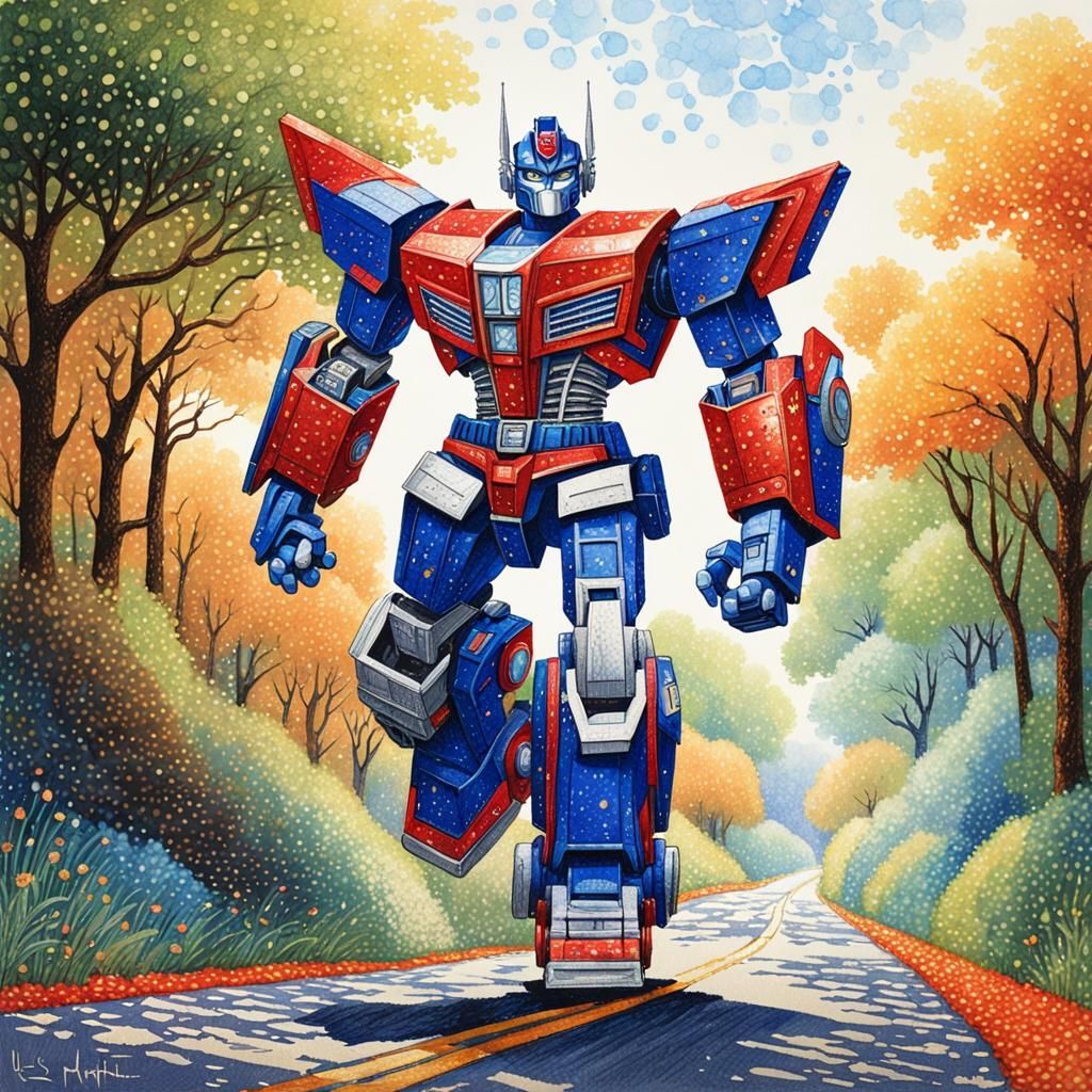 Optimus Prime Runs the Road: Pointillism Style