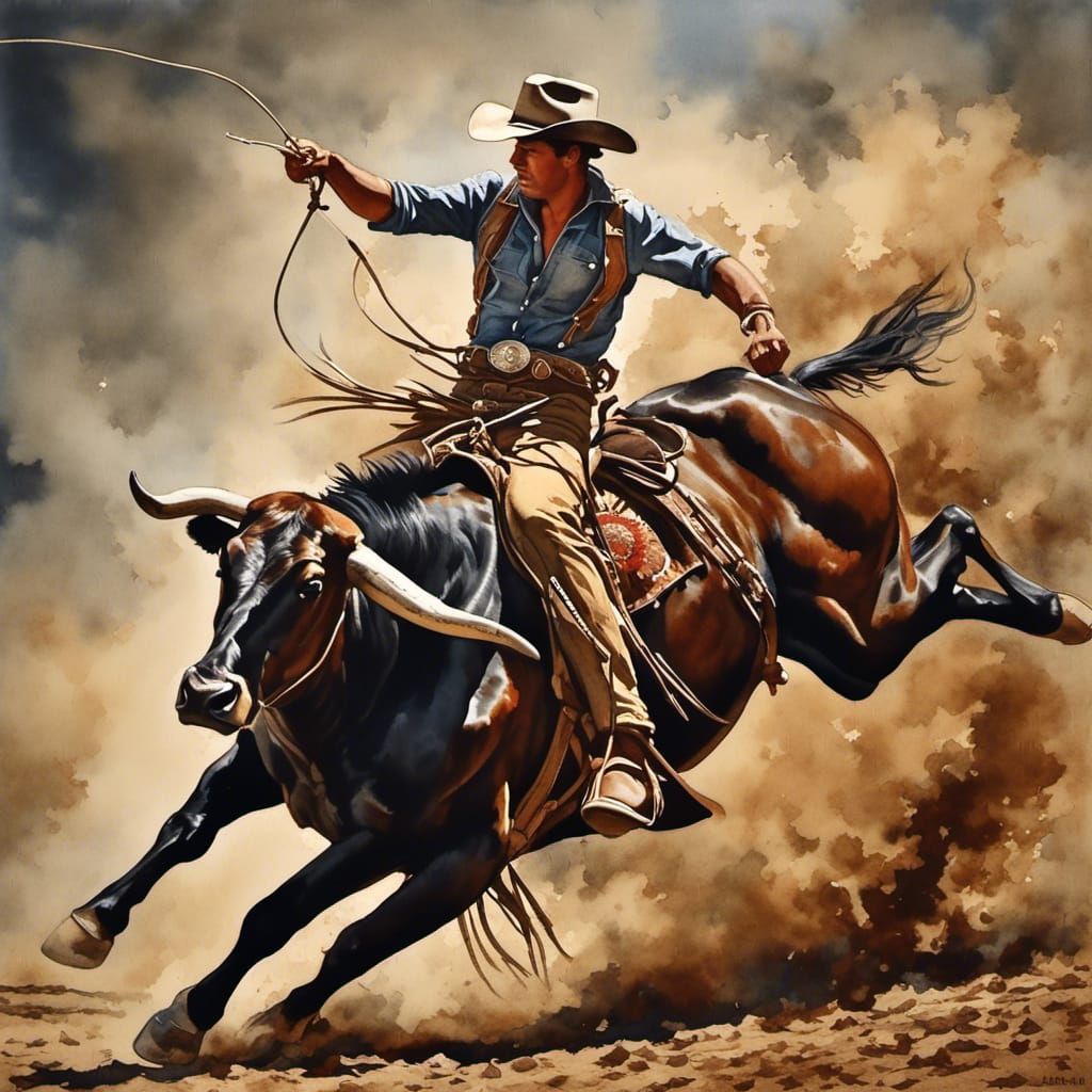 Vintage Watercolor Rodeo Bull Rider