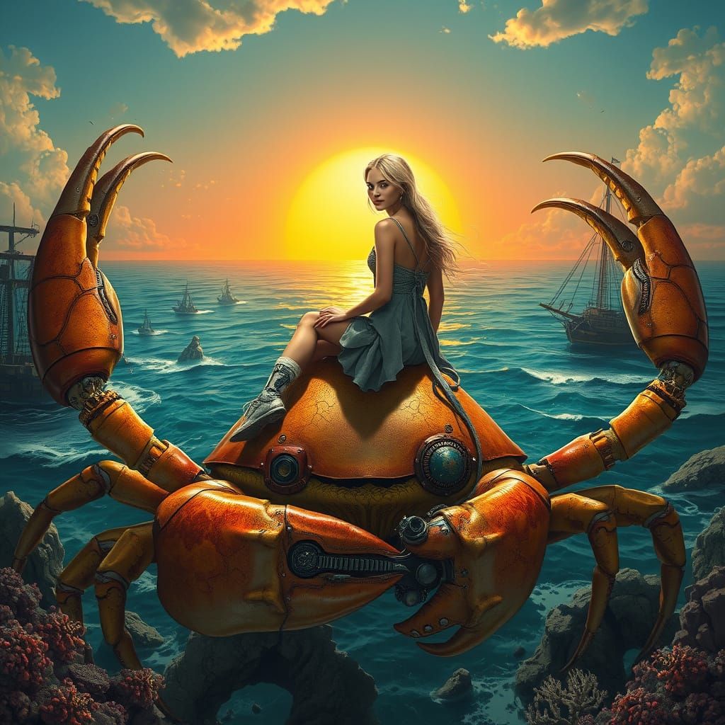 Woman on Crab in Retro Sci-Fi Style