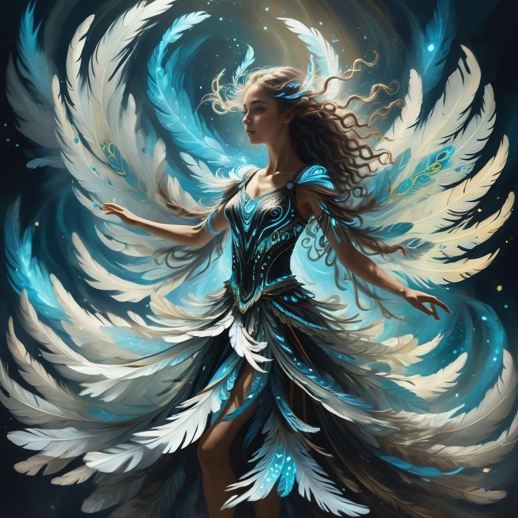 Bioluminescent Fantasy Dancer in Feather Vortex