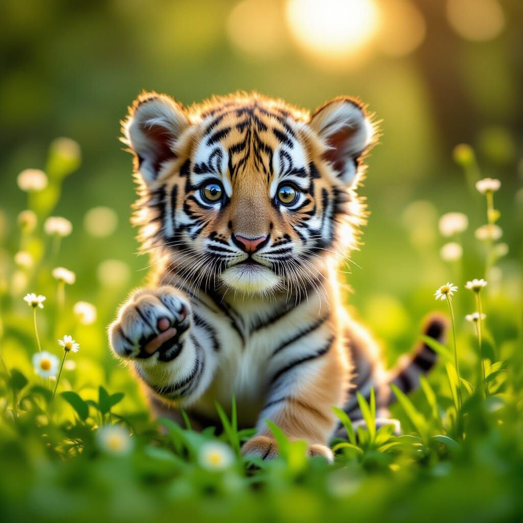Adorable Baby Tiger in Sunlit Jungle Clearing