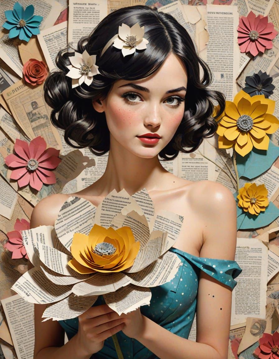 Woman Made of Paper Holds Delicate Flower in Vintage Comic S...