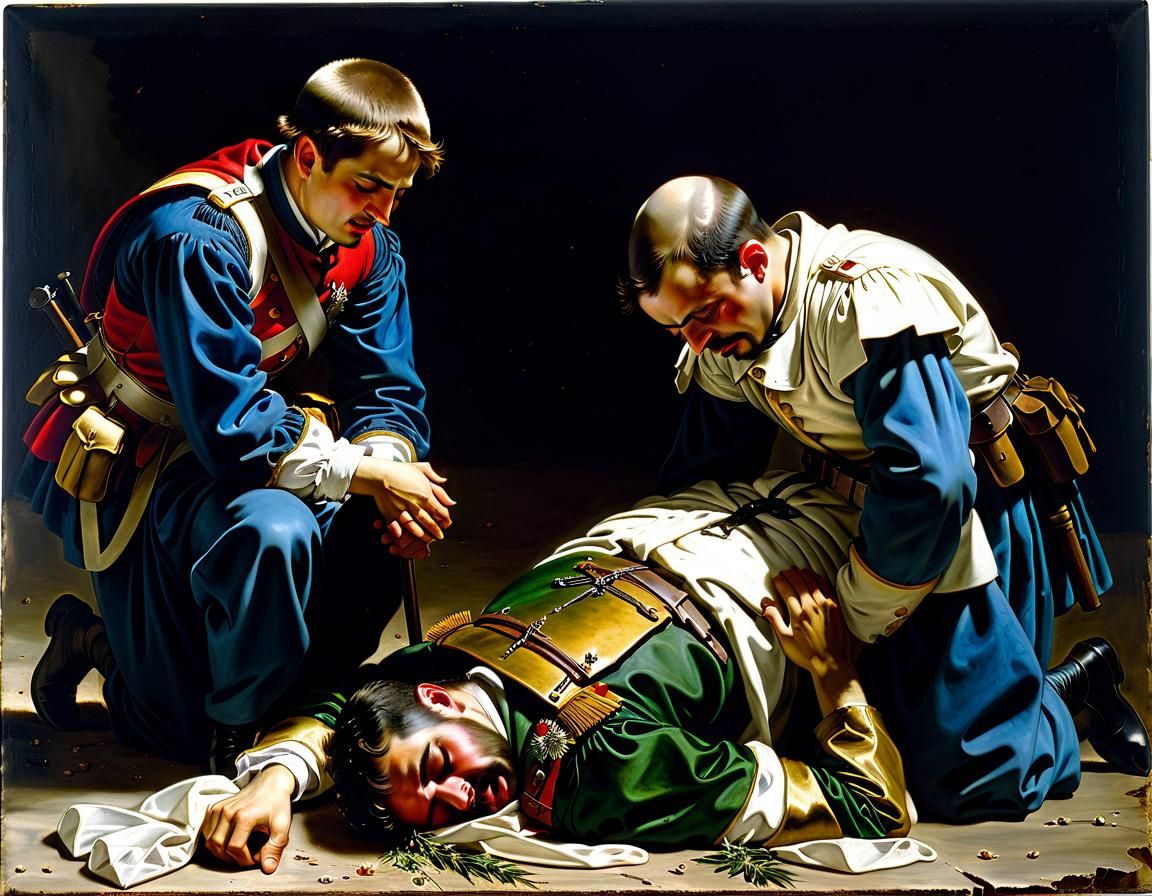 Soldier's Grief: Chiaroscuro Painting of Loss