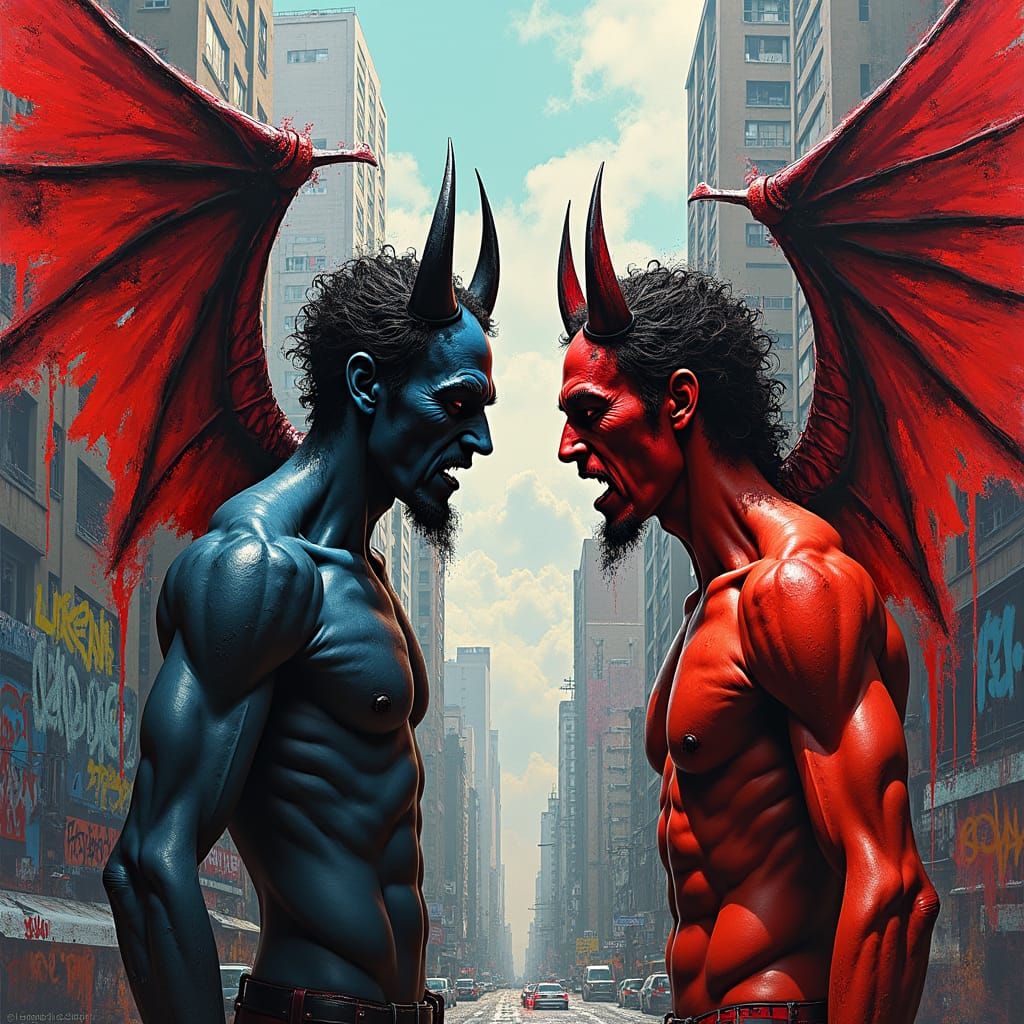 Devil and Angel in Graffiti Style Cityscape
