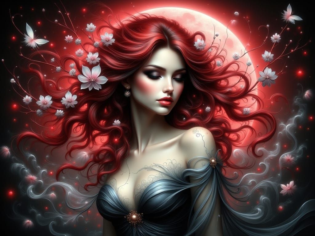 Ethereal Woman and Blood Moon in Dark Fantasy Style