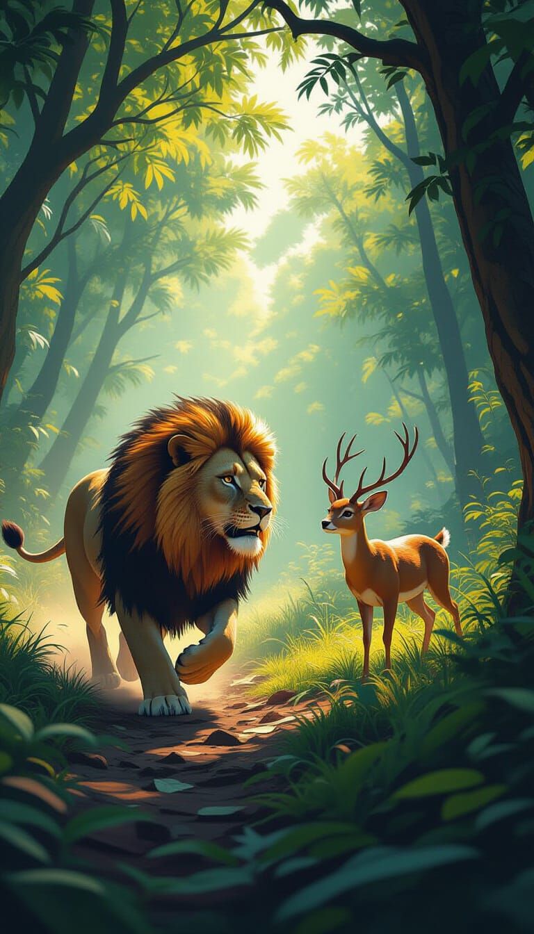 Lion Hunts Deer in Lush Fantasy Forest